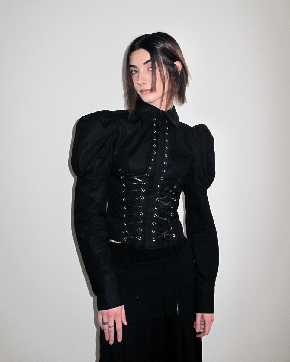 MORE Gothic Lace-Up Puff Sleeve Shirt – Black – The Bunnies Store