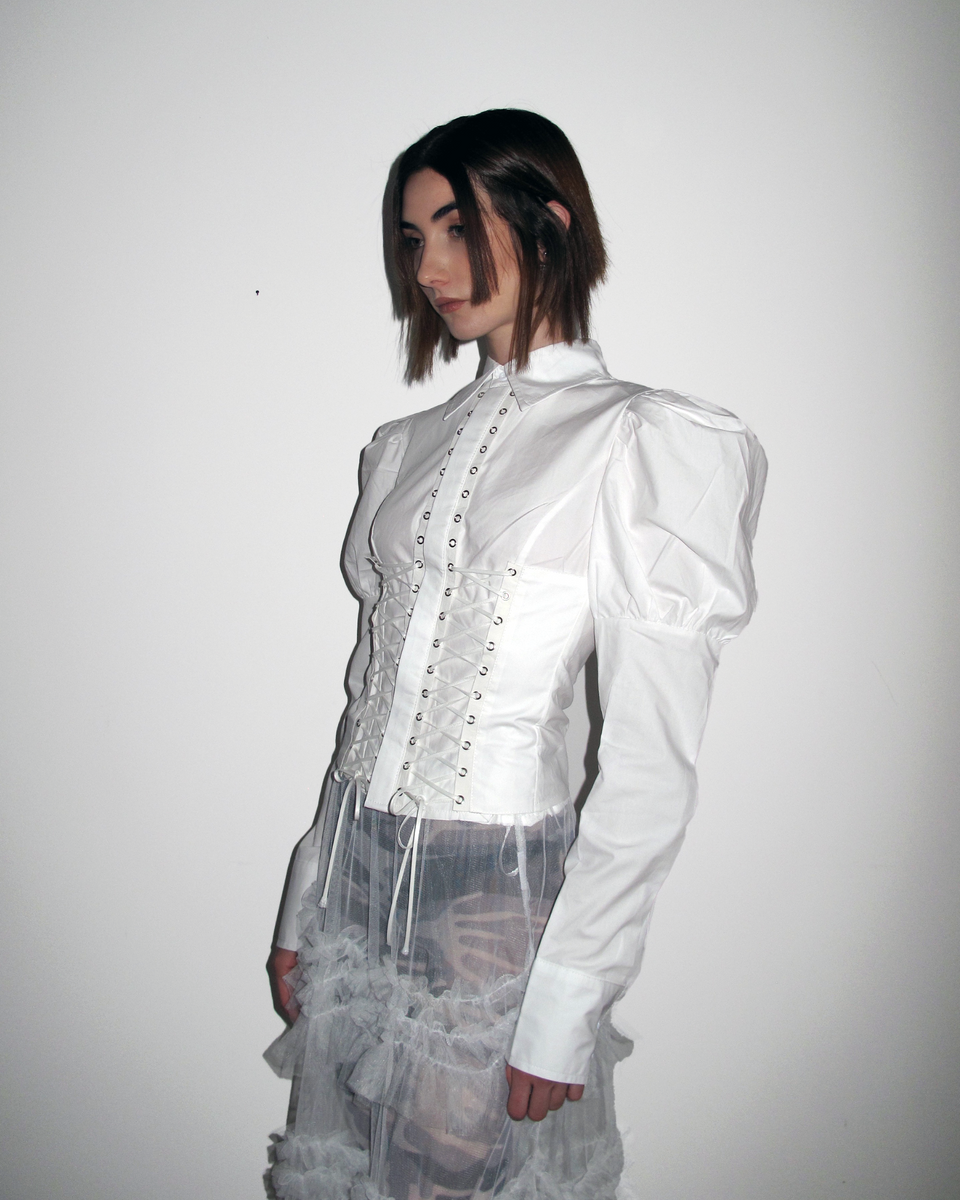 MORE Gothic Lace-Up Puff Sleeve Shirt – White – The Bunnies Store