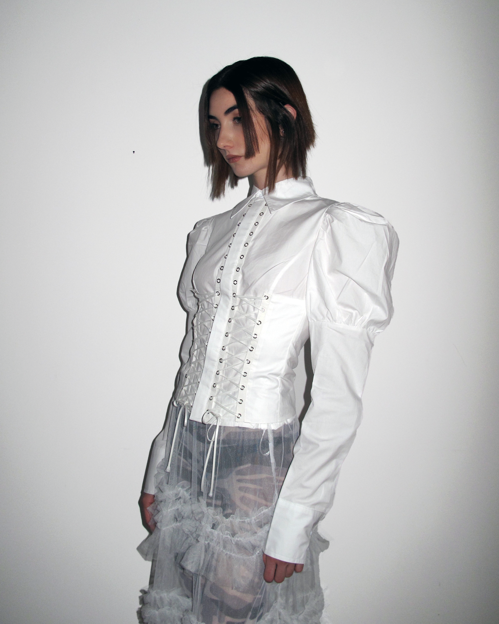 MORE Gothic Lace-Up Puff Sleeve Shirt – White – The Bunnies Store
